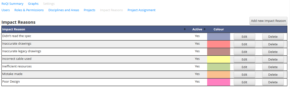 Settings - Impact Reasons Settings - Impact Reasons